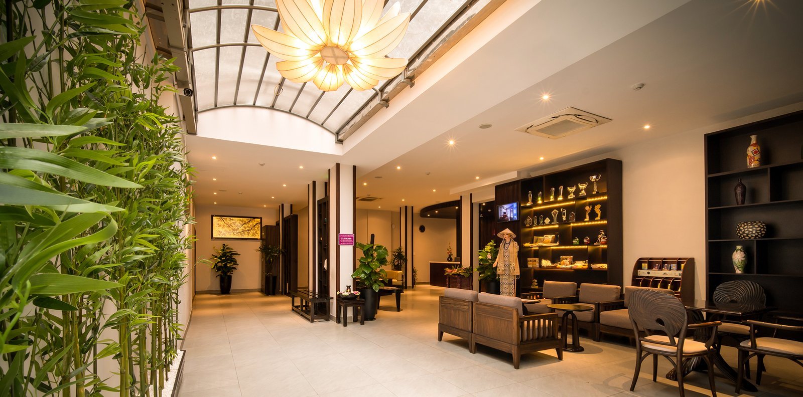 Không gian nội thất với cây xanh, ghế sofa gỗ, kệ trưng bày và đèn trần hình hoa, tạo cảm giác ấm cúng.